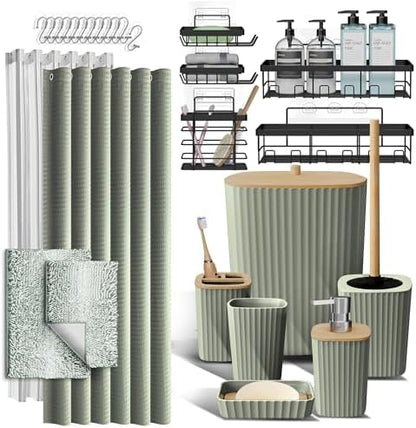 Clara Clark Bathroom Accessories Set - 27PC Bathroom Set with Adhesive Corner Shower Caddy Hanging, Bathroom Sets with Shower Curtain and Rugs, Ombre Sage Green Shower Curtain Set with Trash Can