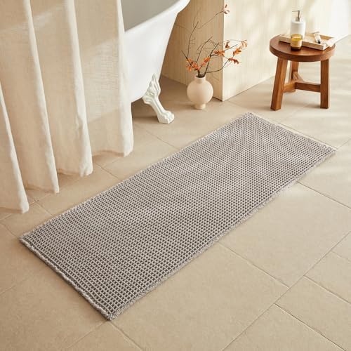 TYUU Waffle Runner Rug Bathroom, Long Boho Bath Mat, 60x24 Light Grey