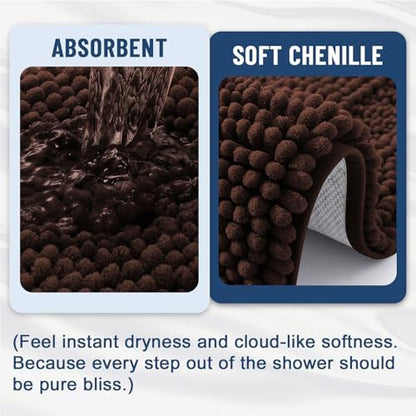 Grandaily Chenille Striped Bathroom Rugs 47x32, Extra Thick and Soft Absorbent Bath Mats, Rubber Backing, Plush Shaggy Shower Carpet, Machine Wash Dry, Bath Rug for Bathroom, Dark Brown