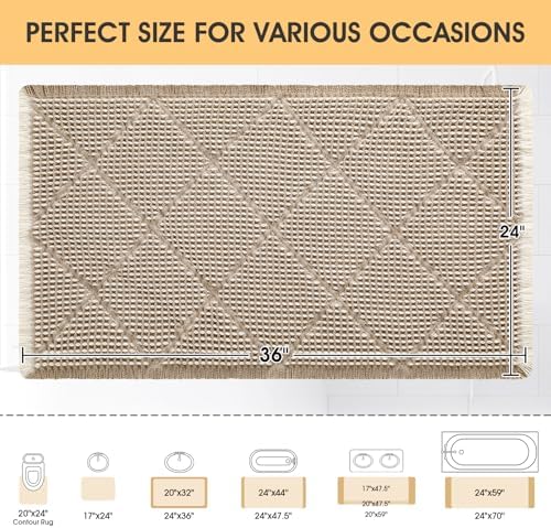 Waffle Bath Mat, Boho Woven Modern Bath Rug Absorbent Non Slip, Ultra Soft Bathroom Mats, Machine Washable Knit Bath Rugs with Rhombus for Bathroom, Bedroom, Kitchen, Shower, 36"x24", Beige & White
