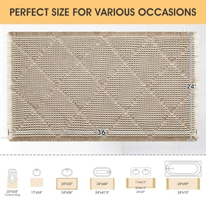 Waffle Bath Mat, Boho Woven Modern Bath Rug Absorbent Non Slip, Ultra Soft Bathroom Mats, Machine Washable Knit Bath Rugs with Rhombus for Bathroom, Bedroom, Kitchen, Shower, 36"x24", Beige & White