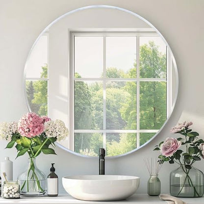 Round Silver Mirror 28 Inch, Brushed Nickel Large Circle Mirror