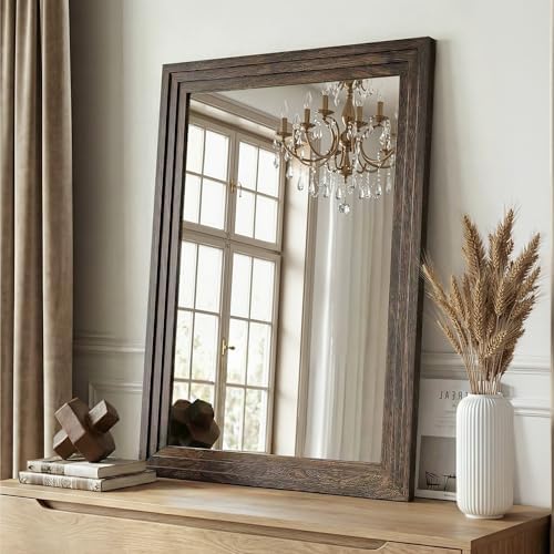 Farmhouse Rustic Wood Framed Bathroom Vanity Mirror for Wall, 24x36, Brown