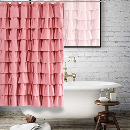 Pink Ruffle Shower Curtain for Bathroom, 72x72 inch, Ruffled Layered Fabric