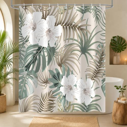 Tropical Shower Curtain for Bathroom, Green Palm Tree Flower Plant Boho Leaf Banana Monstera Sage Beige Shower Curtains Set, Fabric Bathroom Accessories with Hooks 72x84 Inch