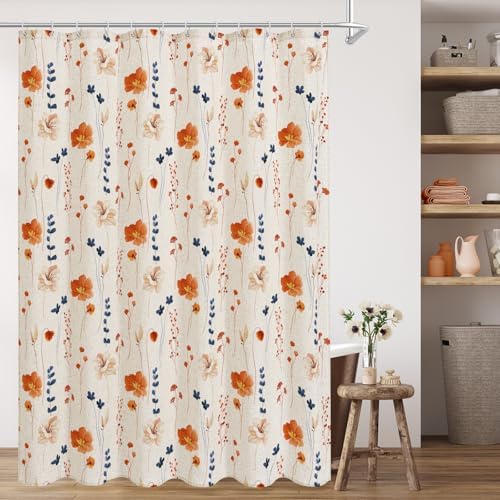 Gibelle Orange Navy Linen Watercolor Floral Fabric Shower Curtain, 72x72