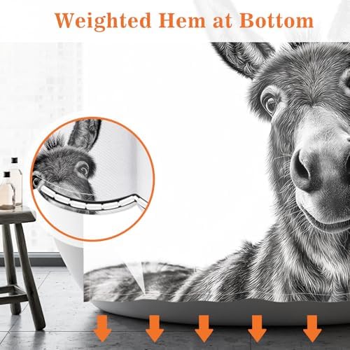 Funny Donkey Nice Ass Shower Curtain Gag Gift Farmhouse Decor Animal Black and White Novelty Sarcastic Rustic Bathroom Bath Decor Bathtub Curtain Fabric Shower Curtain Set with 12 Hooks, 72"x72"
