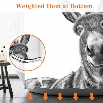 Funny Donkey Nice Ass Shower Curtain Gag Gift Farmhouse Decor Animal Black and White Novelty Sarcastic Rustic Bathroom Bath Decor Bathtub Curtain Fabric Shower Curtain Set with 12 Hooks, 72"x72"