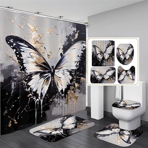 Chrainy 4pcs White Butterfly Shower Cutain Set Bathroom Decor with Rugs