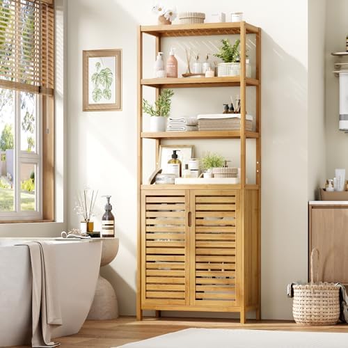 HIFIT 66" Tall Bathroom Storage Cabinet, Natural Bamboo Cabinet, for Narrow
