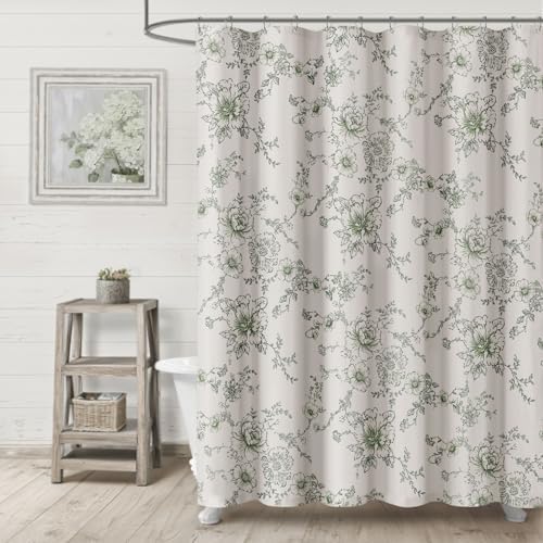 Farmhouse Floral Vintage Shower Curtain for Bathroom, Green and White