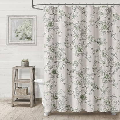 Farmhouse Floral Vintage Shower Curtain for Bathroom, Green and White