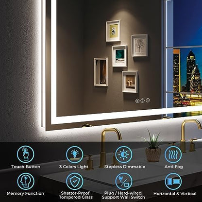 60x40 LED Bathroom Mirror with Lights, Lighted Vanity Mirror