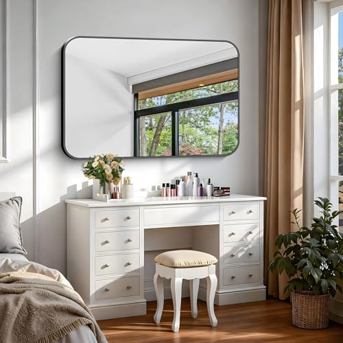 Black Bathroom Mirror, 28x42 inch Aluminum Metal Frame Rectangular Vanity Mirror, Wall Mounted Rectangle Mirrors with Rounded Corner for Bedroom Living Room Hangs Horizontal Or Vertical