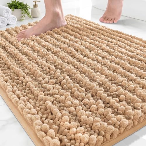 Disolla Beige Bathroom Rug 20x32 Inch - Luxury Chenille Bath Mat, Thick Shaggy Plush Absorbent Rug, Non-Slip Machine Washable Mats for Bathroom Floor & Decor