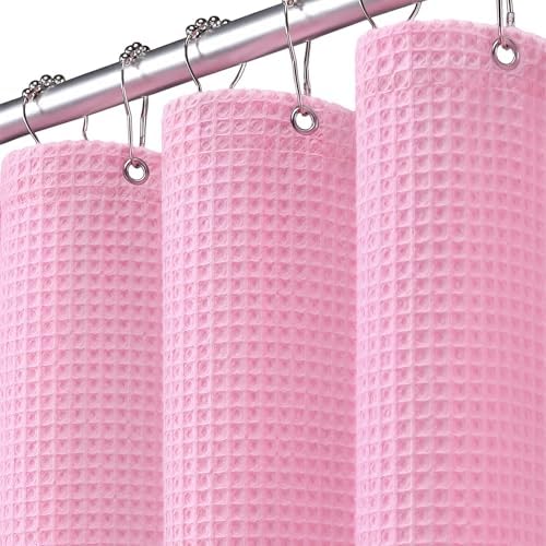 Waffle Weave Shower Curtain Heavyweight Cotton Fabric Pink 72Wx72L