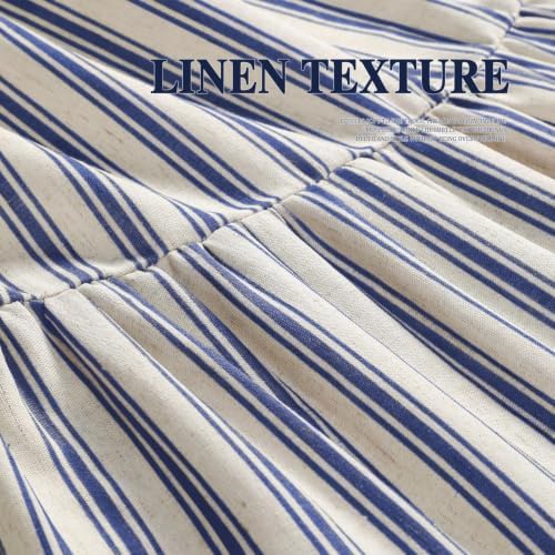 Farmhouse Shower Curtain Ruffle Linen Cream-Blue Stripe 72"W x 75"L