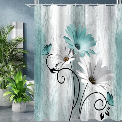 Onalasyc 4PCS Teal Daisy Floral Bathroom Sets with Shower Curtain and Rugs