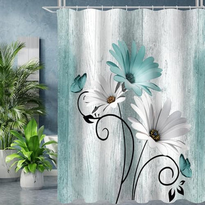 Onalasyc 4PCS Teal Daisy Floral Bathroom Sets with Shower Curtain and Rugs