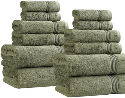 SUPERIOR Egyptian Cotton 12-Piece Towel Set, Assorted Towels, Home Bathroom, Master, Guest Bath, Decor Essentials, 4 Bath, 4 Hand, 4 Face Towels/Washcloths, Quick Dry, Absorbent, Forest Green