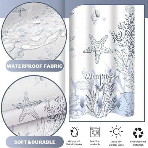 No Hook Shower Curtain and Liner Set, Grey Beach Coastal 71x74