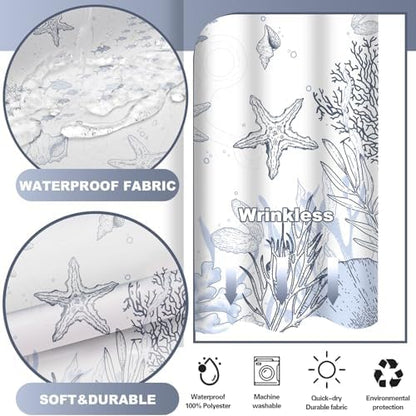 No Hook Shower Curtain and Liner Set, Grey Beach Coastal 71x74