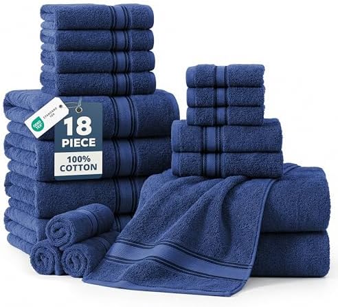 LANE LINEN Bath Towel Set Quick Dry 100% Cotton 18 Piece Soft - Navy