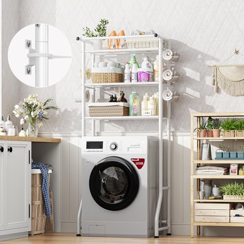 Simple Trending 3 Tier Over The Toilet Storage Rack, Metal Bathroom Shelf, Bathroom Stand Organizer Space Saver with Paper Holder and Hooks, White