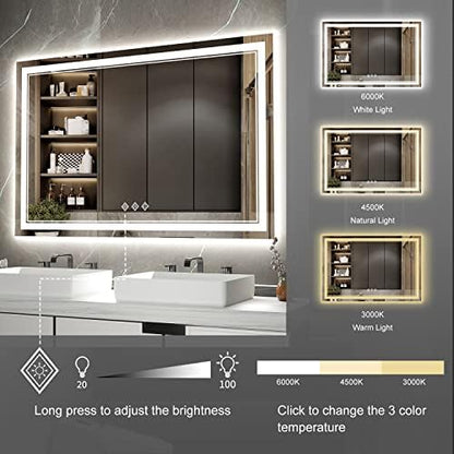 LED Bathroom Mirror, 48x32 Inch Gradient Front and Backlight Lighted Vanity Mirror, 3 Colors Dimmable CRI>90 Double Lights, IP54 Enhanced Anti-Fog, Hanging Plate Wall Mount LED Light Mirror