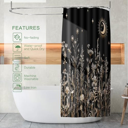 Shower Curtain Black Floral, Vintage Botanical Flowers Shower Curtain for Bathroom with Hooks, Polyester Waterproof shower curtain Machine Washable Farmhouse Home Decor Bath Curtain 72x72 Inch