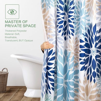 Shower Curtain Dahlia, Floral Shower Curtain Teal Blue Flowers Shower Curtains with Hooks for Bathroom Waterproof Polyester Fabric Machine Washable Home Farmhouse Decor Bath Curtains 72 X 72 Inches