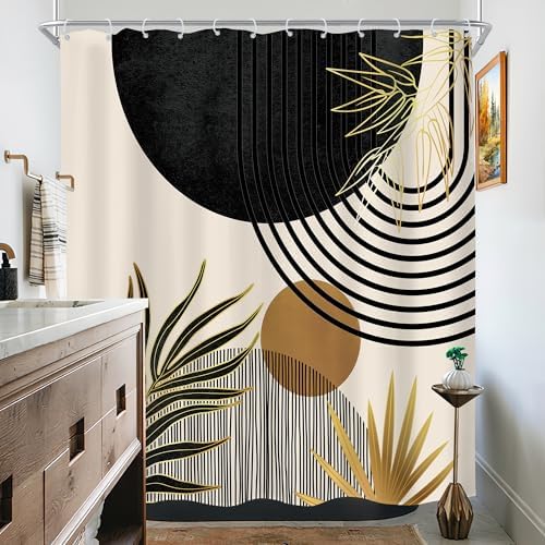 Mid Century Black Gold Boho Abstract Modern Bathroom Shower Curtain Set
