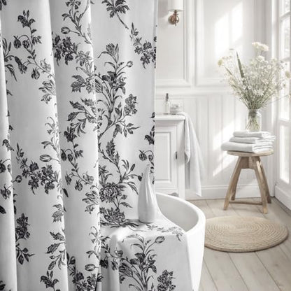 Black and White Floral Shower Curtain,Vintage Cotton Cottagecore Gray Shower Curtains for Bathroom, 72" W x 78" L