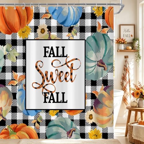 Fall Pumpkin Harvest Autumn Shower Curtain for Bathroom 72W*72H Inch Thanksgiving Rustic Black White Buffalo Plaid Maple Bathtub Autumnal Decor Waterproof Polyester Fabric Set with 12 Hooks