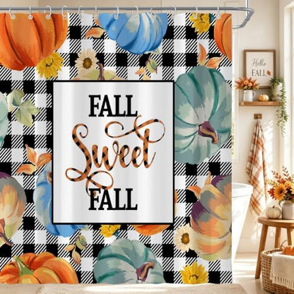 Fall Pumpkin Harvest Autumn Shower Curtain for Bathroom 72W*72H Inch Thanksgiving Rustic Black White Buffalo Plaid Maple Bathtub Autumnal Decor Waterproof Polyester Fabric Set with 12 Hooks