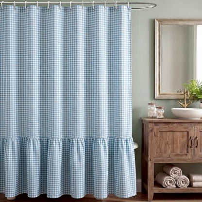 HunnmingRe Ruffle Hem Gingham Shower Curtain Light Blue