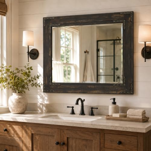 Rustic Black 30x40 Inch Wood Bathroom Vanity Mirror, Rivets