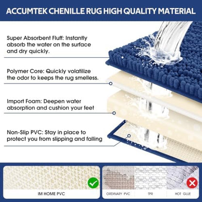 ACCUMTEK Upgrade Extra Large Blue Bathroom Rug Set 3 Pieces Ultra Soft, Thick Absorbent Bath Mats, Non Slip Chenille Toilet Mat for Bathroom, Bedroom, Kitchen