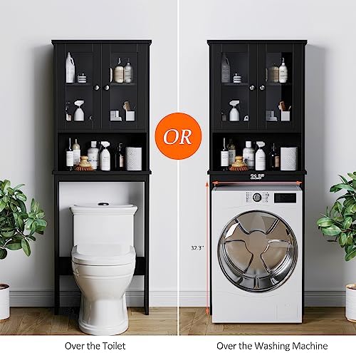 Over The Toilet Storage Cabinet for Bathroom, Storage Organizer Over Toilet with Glass Doors, Space Saver for Living Room, Black
