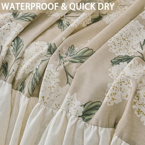 ORTIGIA Linen Textured Ruffle Shower Curtain with Metal Hooks, Off-White Cream Floral Hydrangea Waterproof Bath Curtain for Rustic Farmhouse Bathroom Decor 72x72 Inch