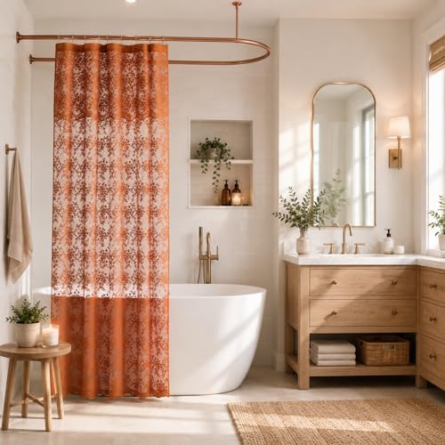 Orange Shower Curtain 36x72, Narrow Stall Lace with Attached Valance