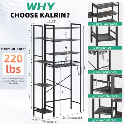 Kalrin 8-Tier Over The Toilet Storage with Side Rack, Over Toilet Storage Rack with Adjustable Shelf & Drain Basket, Freestanding Bathroom Organizer for Balcony, Laundry (Modern Grey)