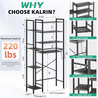 Kalrin 8-Tier Over The Toilet Storage with Side Rack, Over Toilet Storage Rack with Adjustable Shelf & Drain Basket, Freestanding Bathroom Organizer for Balcony, Laundry (Modern Grey)