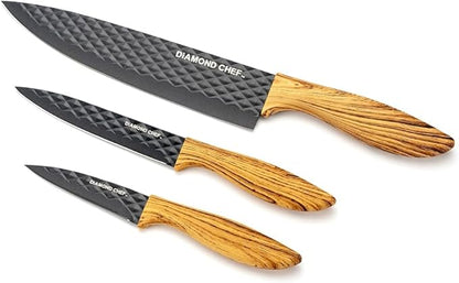 3-Piece Graphene Knife Set, 8" Chef Knife, 5" Utility Knife, 3.5" Paring Knife, High Carbon Stainless Steel, Nonstick Graphene Coating, Ergonomic Wood-Grain Handle, Black