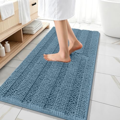 OLANLY Thick Bathroom Runner Rugs 47x20, Soft Chenille Bath Rugs, Airy Blue