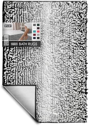 Hearth & Harbor Bathroom Rugs, Chenille Bath Mat - Machine Washable Bath Mats for Bathroom Non-Slip Backing Rubber, Quick Dry Bathroom Mat, 24 x 36 - Ombre Black