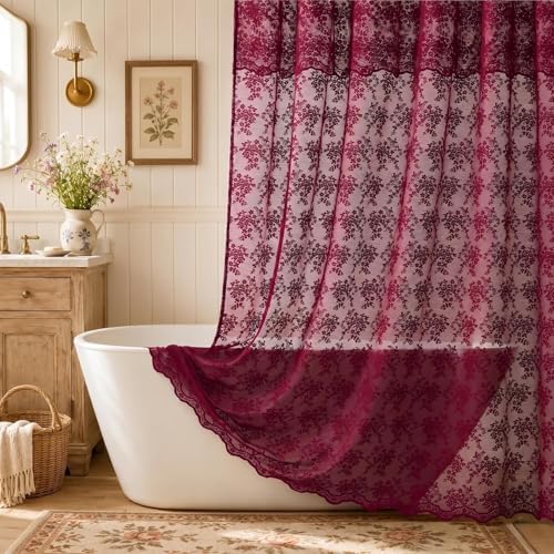 Burgundy Lace Shower Curtain 72x84, 84 Inches Long with Attached Valance