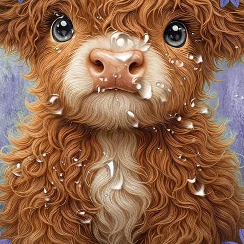 Cute Cow Shower Curtain, Farmhouse Rustic Purple Floral Daisy Highland Cow Shower Curtains for Bathroom, Calf Country Farm Animal Garden Plant Fabric Bathroom Decor with Hooks, 70x84 inch