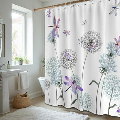 Dandelion Shower Curtain Purple Dragonfly Grey White Shower Curtains for Bathroom Decor, Waterproof Cloth Fabric with Hooks 70" W x 72" L