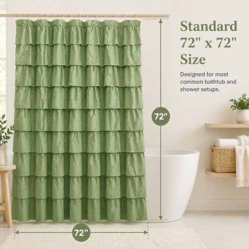 Sage Green Ruffle Shower Curtain for Bathroom, 72x72 inch, 1 Panel